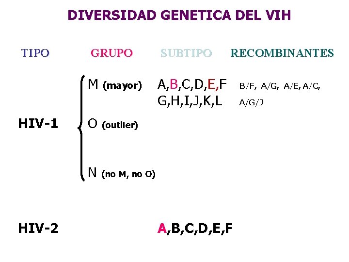 DIVERSIDAD GENETICA DEL VIH TIPO HIV-1 HIV-2 GRUPO SUBTIPO M A, B, C, D,