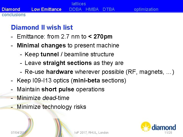 Diamond conclusions Low Emittance lattices DDBA HMBA DTBA optimization Diamond II wish list -