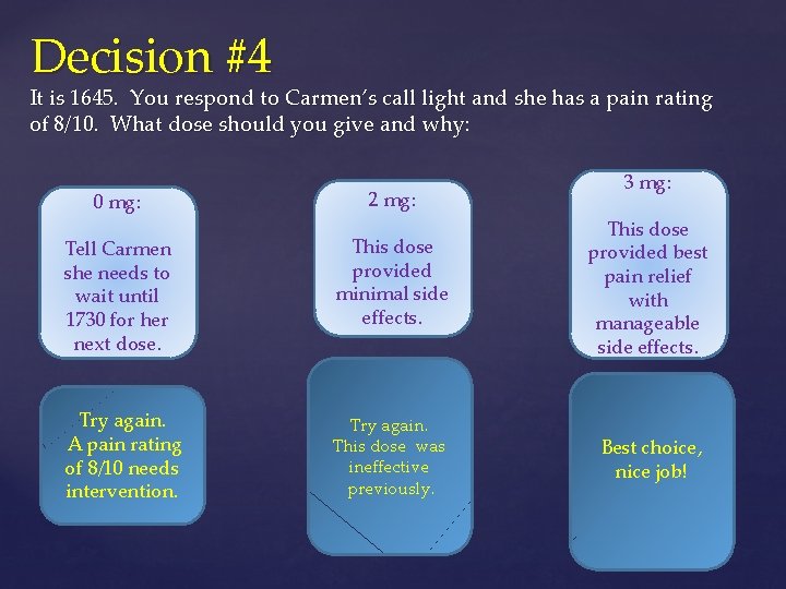 Decision #4 It is 1645. You respond to Carmen’s call light and she has