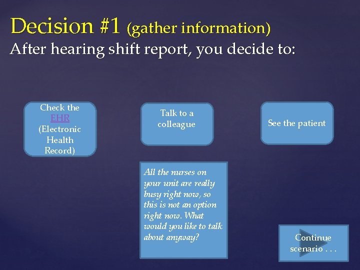 Decision #1 (gather information) After hearing shift report, you decide to: Check the EHR