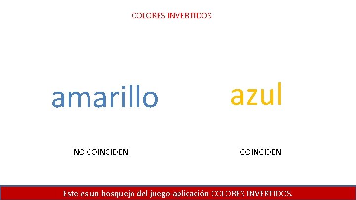 COLORES INVERTIDOS amarillo NO COINCIDEN azul COINCIDEN Este es un bosquejo del juego-aplicación COLORES