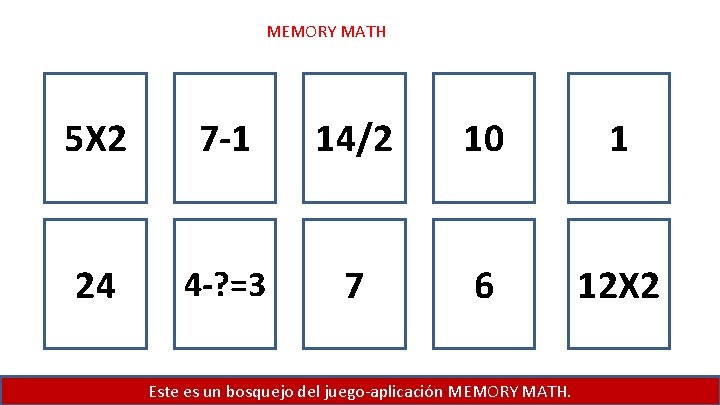 MEMORY MATH 5 X 2 7 -1 14/2 10 1 24 4 -? =3