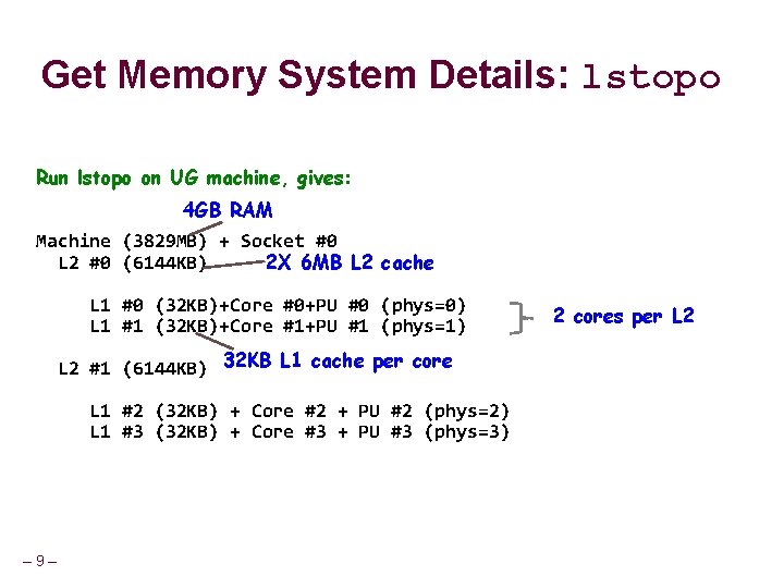 Get Memory System Details: lstopo Run lstopo on UG machine, gives: 4 GB RAM