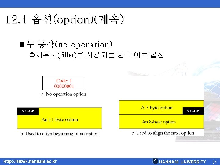 12. 4 옵션(option)(계속) <무 동작(no operation) Ü채우기(filler)로 사용되는 한 바이트 옵션 Http: //netwk. hannam.