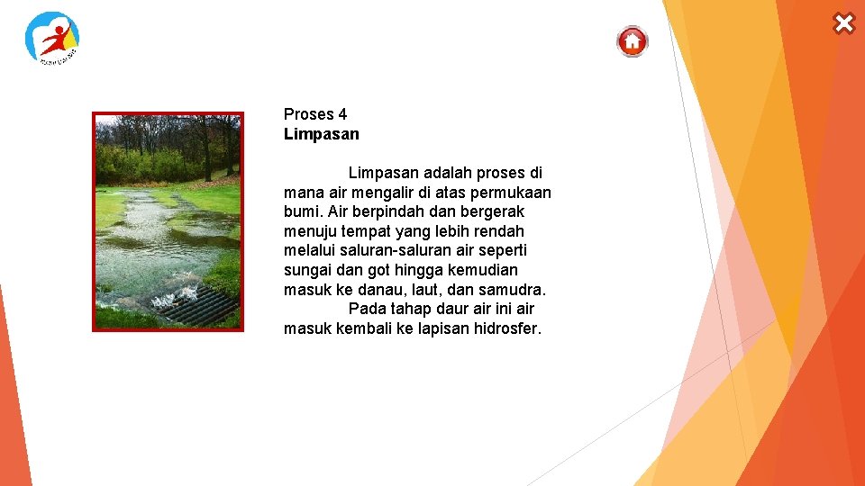 Proses 4 Limpasan adalah proses di mana air mengalir di atas permukaan bumi. Air