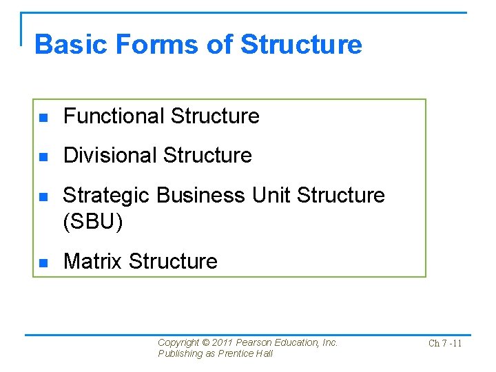 Basic Forms of Structure n Functional Structure n Divisional Structure n Strategic Business Unit