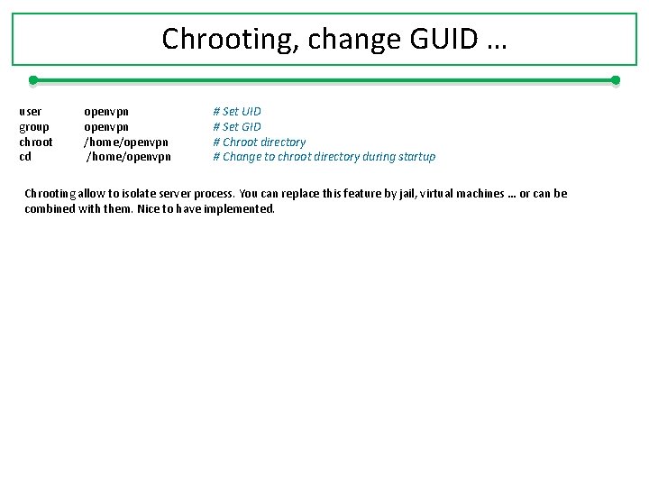 Chrooting, change GUID … user group chroot cd openvpn /home/openvpn # Set UID #