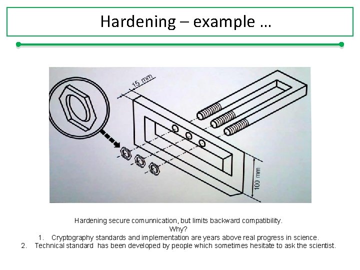 Hardening – example … 2. Hardening secure comunnication, but limits backward compatibility. Why? 1.