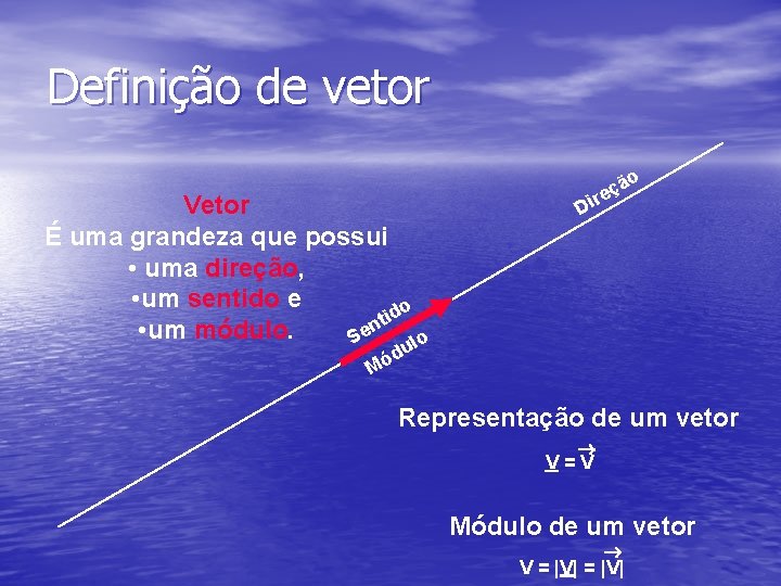 Definição de vetor o Vetor É uma grandeza que possui • uma direção, •