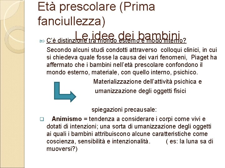 Età prescolare (Prima fanciullezza) Le idee dei bambini C’è distinzione tra mondo esterno e