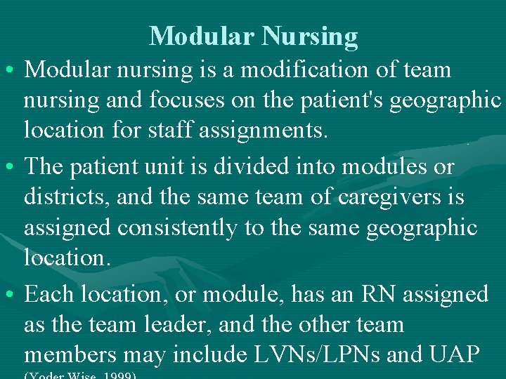 Modular Nursing • Modular nursing is a modification of team nursing and focuses on