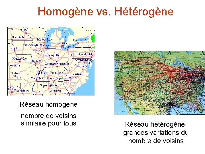 Homogène vs. Hétérogène Réseau homogène nombre de voisins similaire pour tous Réseau hétérogène: grandes