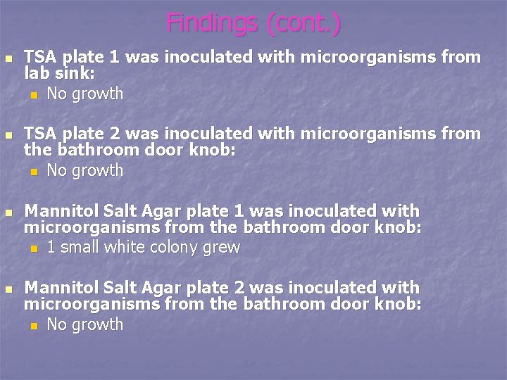 Findings (cont. ) n n TSA plate 1 was inoculated with microorganisms from lab