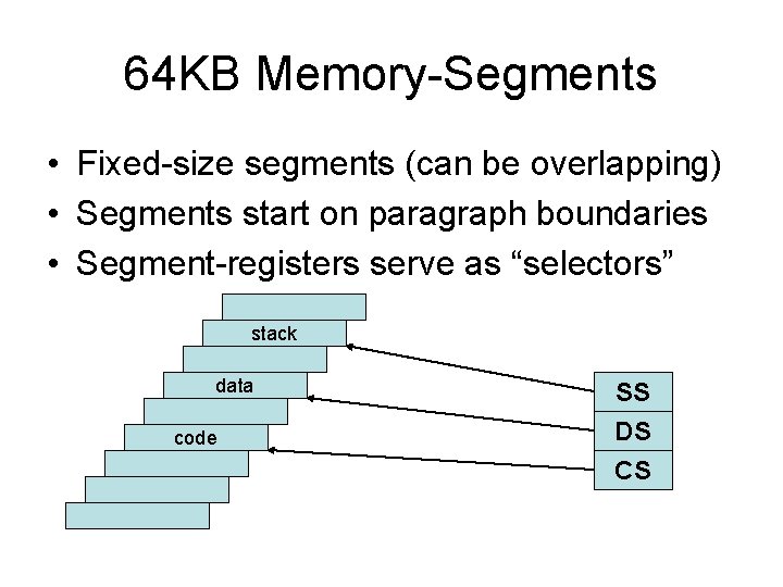 64 KB Memory-Segments • Fixed-size segments (can be overlapping) • Segments start on paragraph