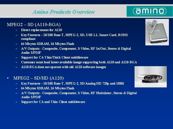 Amino Products Overview MPEG 2 – SD (A 110 -BGA) – – – –
