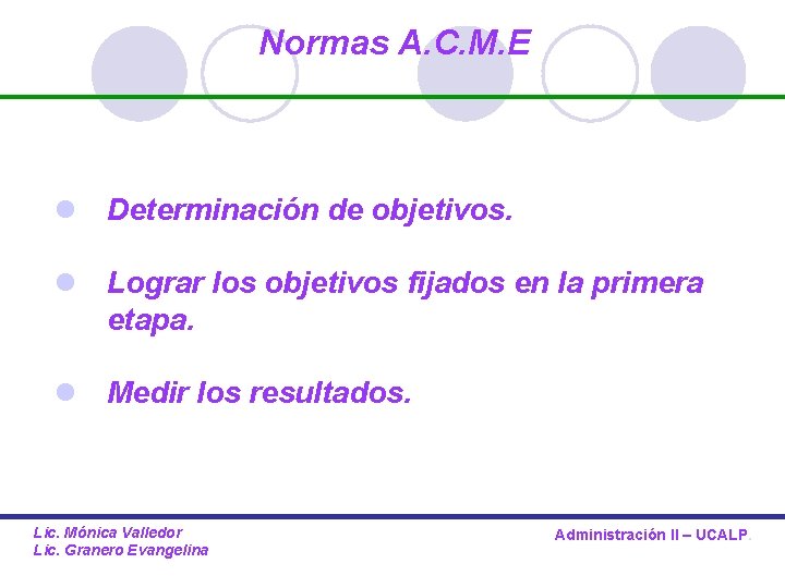 Normas A. C. M. E l Determinación de objetivos. l Lograr los objetivos fijados