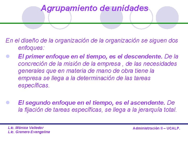 Agrupamiento de unidades En el diseño de la organización se siguen dos enfoques: l