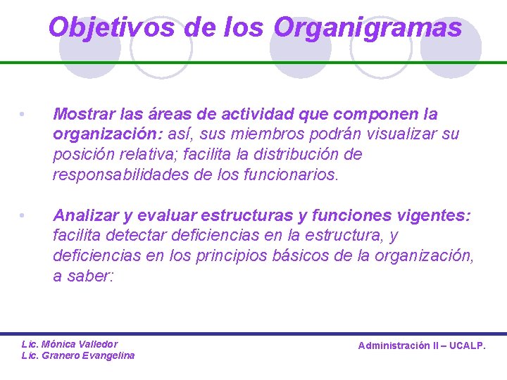 Objetivos de los Organigramas • Mostrar las áreas de actividad que componen la organización: