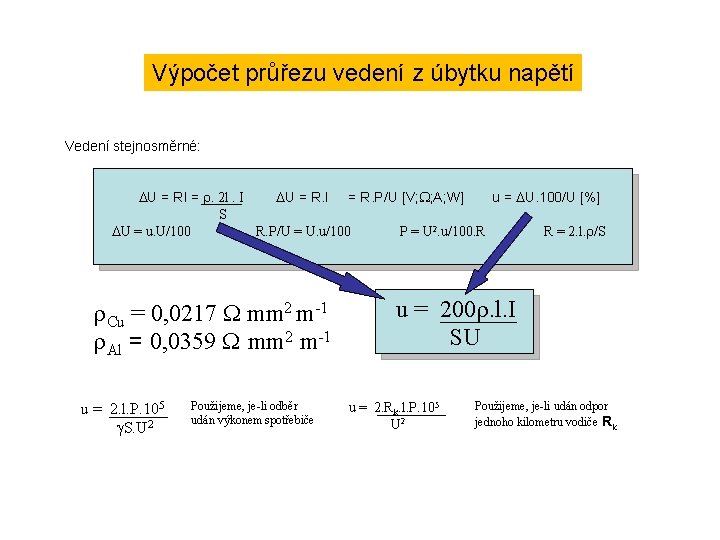 Výpočet průřezu vedení z úbytku napětí Vedení stejnosměrné: DU = RI = r. 2