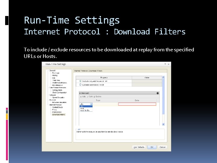 Run-Time Settings Internet Protocol : Download Filters To include / exclude resources to be