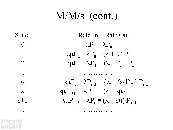 M/M/s (cont. ) State 0 1 2. . s-1 s s+1. . Rate In