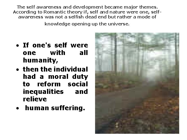 The self awareness and development became major themes. According to Romantic theory if, self