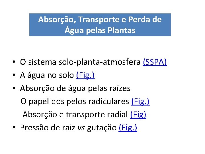 Absorção, Transporte e Perda de Água pelas Plantas • O sistema solo-planta-atmosfera (SSPA) • Absorção, Transporte e Perda de Água pelas Plantas • O sistema solo-planta-atmosfera (SSPA) •