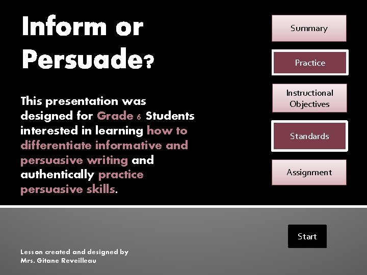Inform or Persuade? This presentation was designed for Grade 6 Students interested in learning