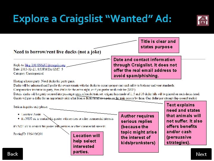 Explore a Craigslist “Wanted” Ad: Title is clear and states purpose Date and contact