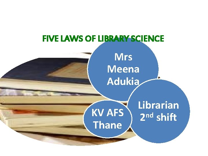 FIVE LAWS OF LIBRARY SCIENCE Mrs Meena Adukia KV AFS Thane Librarian 2 nd