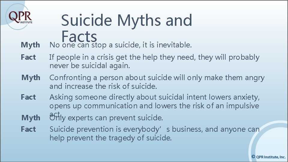 Myth Suicide Myths and Facts No one can stop a suicide, it is inevitable.