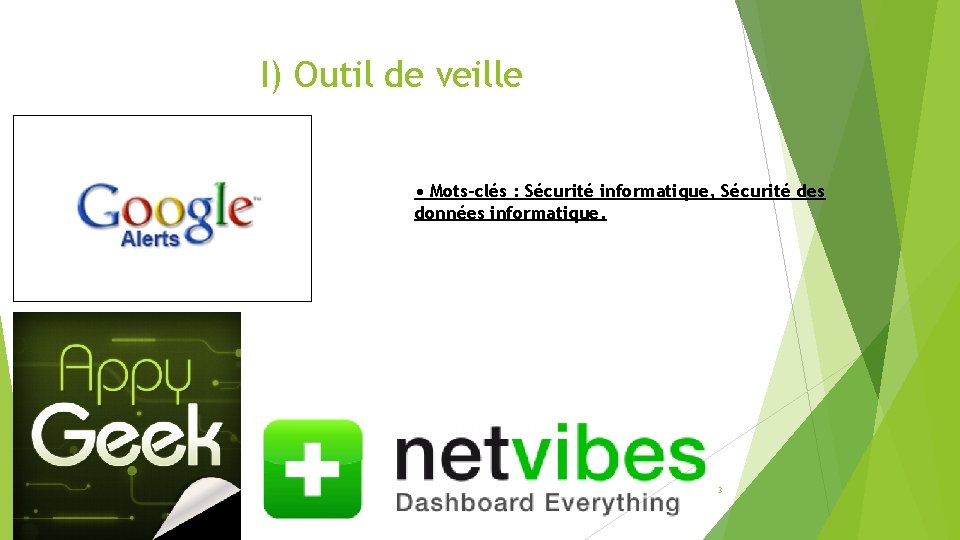 I) Outil de veille • Mots-clés : Sécurité informatique, Sécurité des données informatique. 3