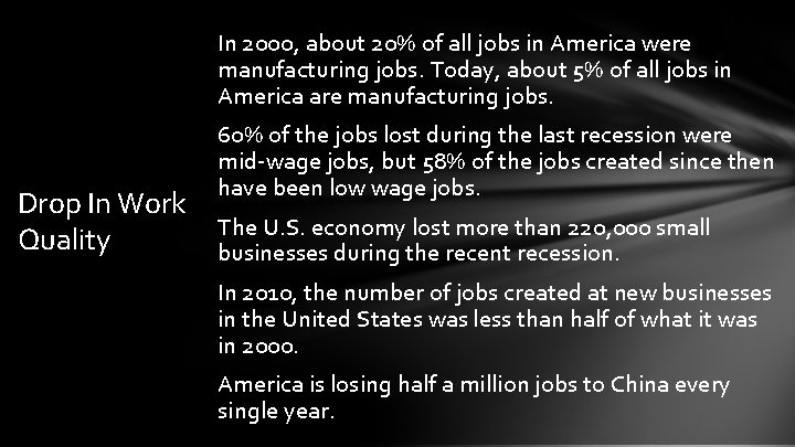 In 2000, about 20% of all jobs in America were manufacturing jobs. Today, about