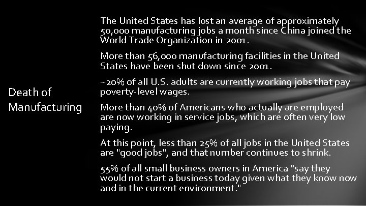 The United States has lost an average of approximately 50, 000 manufacturing jobs a