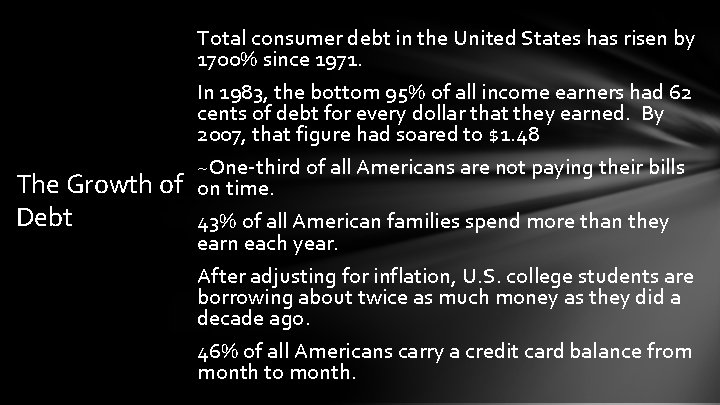 Total consumer debt in the United States has risen by 1700% since 1971. In