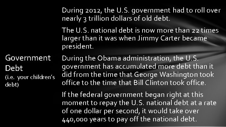 During 2012, the U. S. government had to roll over nearly 3 trillion dollars