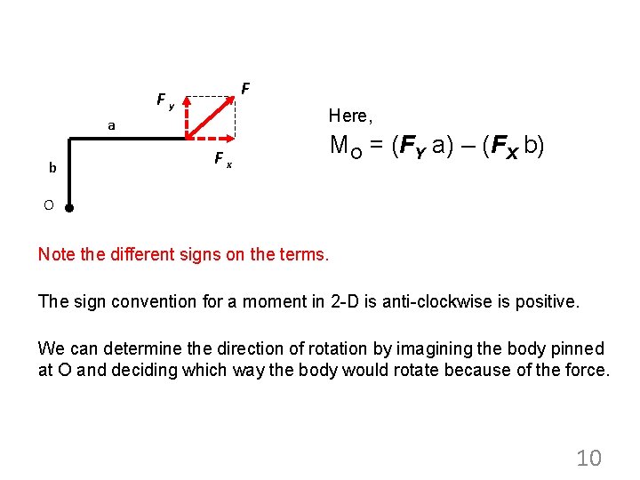 F Fy Here, a b Fx MO = (FY a) – (FX b) O