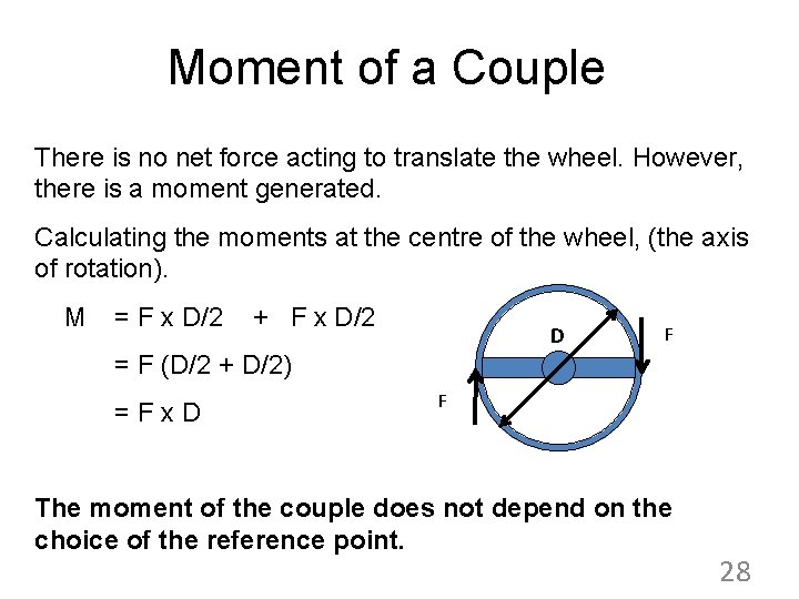 Moment of a Couple There is no net force acting to translate the wheel.