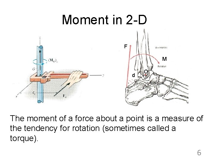 Moment in 2 -D F M d O The moment of a force about