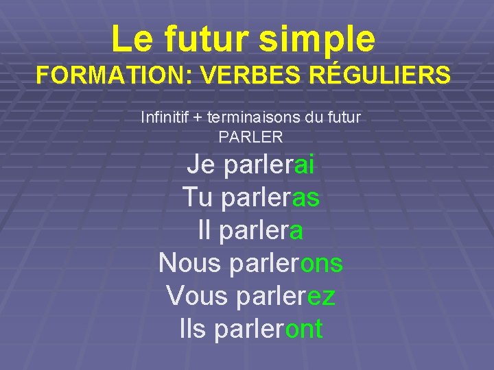 Le futur simple FORMATION: VERBES RÉGULIERS Infinitif + terminaisons du futur PARLER Je parlerai