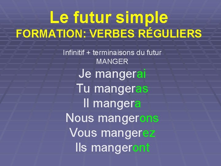 Le futur simple FORMATION: VERBES RÉGULIERS Infinitif + terminaisons du futur MANGER Je mangerai