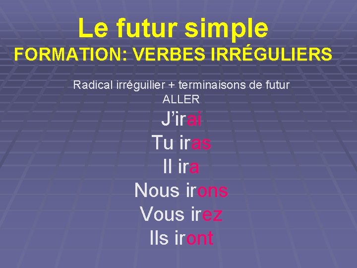 Le futur simple FORMATION: VERBES IRRÉGULIERS Radical irréguilier + terminaisons de futur ALLER J’irai