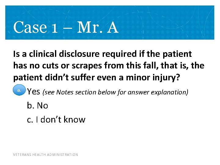 Case 1 – Mr. A Is a clinical disclosure required if the patient has