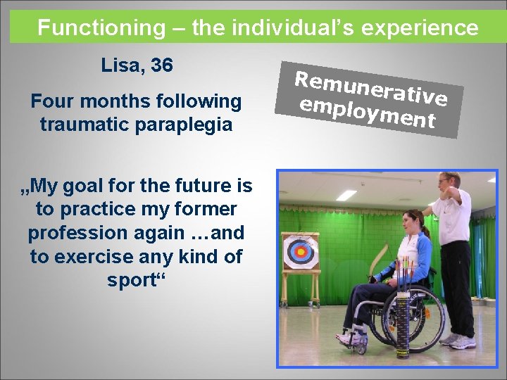 Functioning – the individual’s experience Lisa, 36 Four months following traumatic paraplegia „My goal