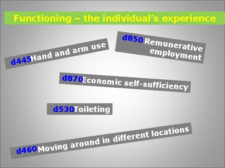 Functioning – the individual’s experience e s u m ar d n a H