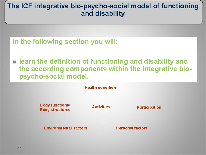 The ICF integrative bio-psycho-social model of functioning and disability In the following section you