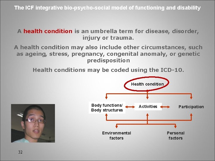 The ICF integrative bio-psycho-social model of functioning and disability A health condition is an