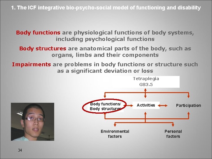1. The ICF integrative bio-psycho-social model of functioning and disability Body functions are physiological