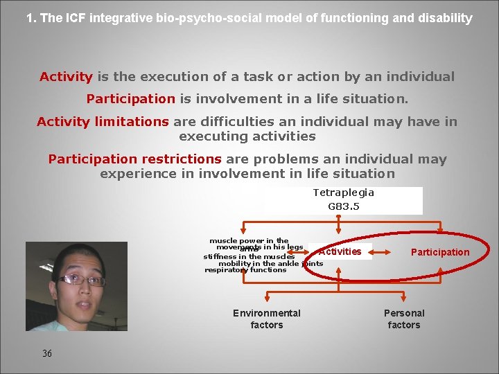 1. The ICF integrative bio-psycho-social model of functioning and disability Activity is the execution
