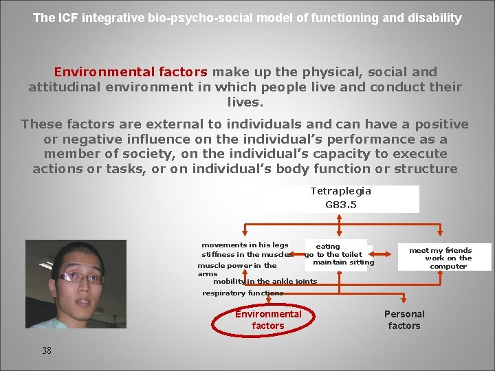 The ICF integrative bio-psycho-social model of functioning and disability Environmental factors make up the
